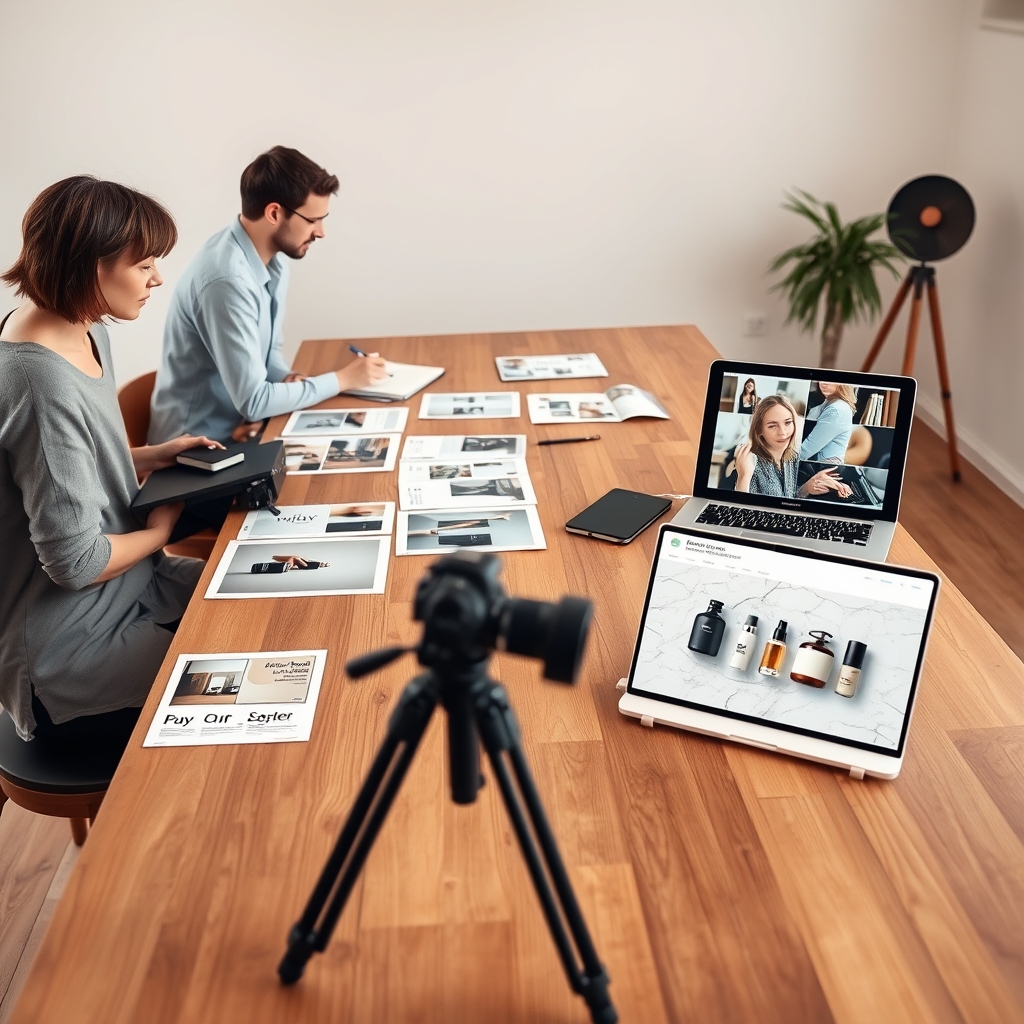 Équipe créative préparant des visuels verticaux pour des notes Xiaohongshu dans un studio