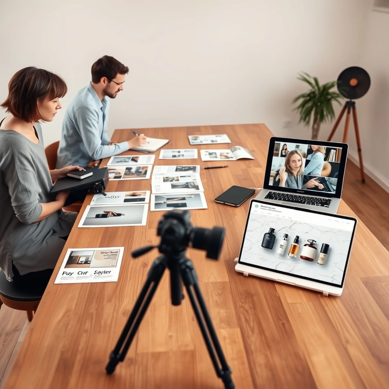Equipo creativo preparando imágenes verticales para notas de Xiaohongshu en un estudio