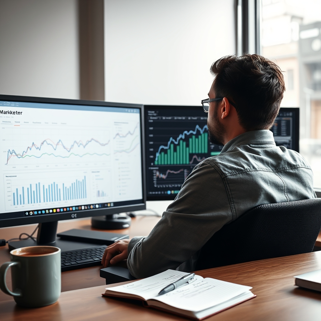 Marketeur analysant des courbes de recherche et de positionnement sur deux écrans