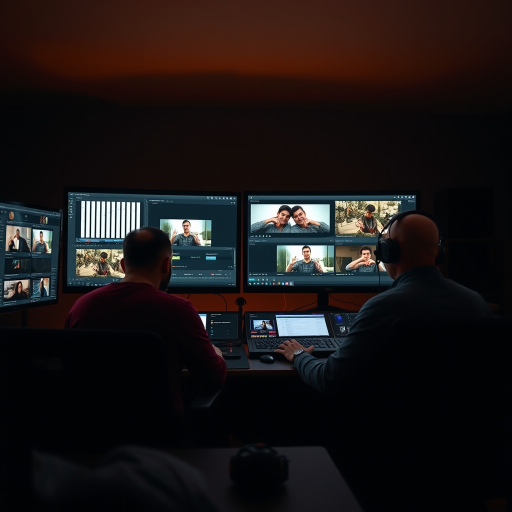 Deux monteurs vérifient des exports de vidéos verticales sur des écrans de montage