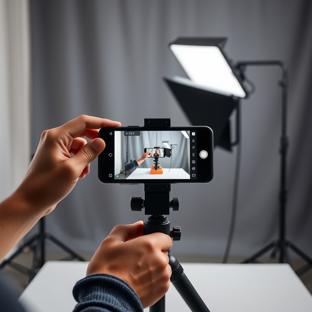 Plateau de tournage vertical avec smartphone sur trépied et éclairage continu