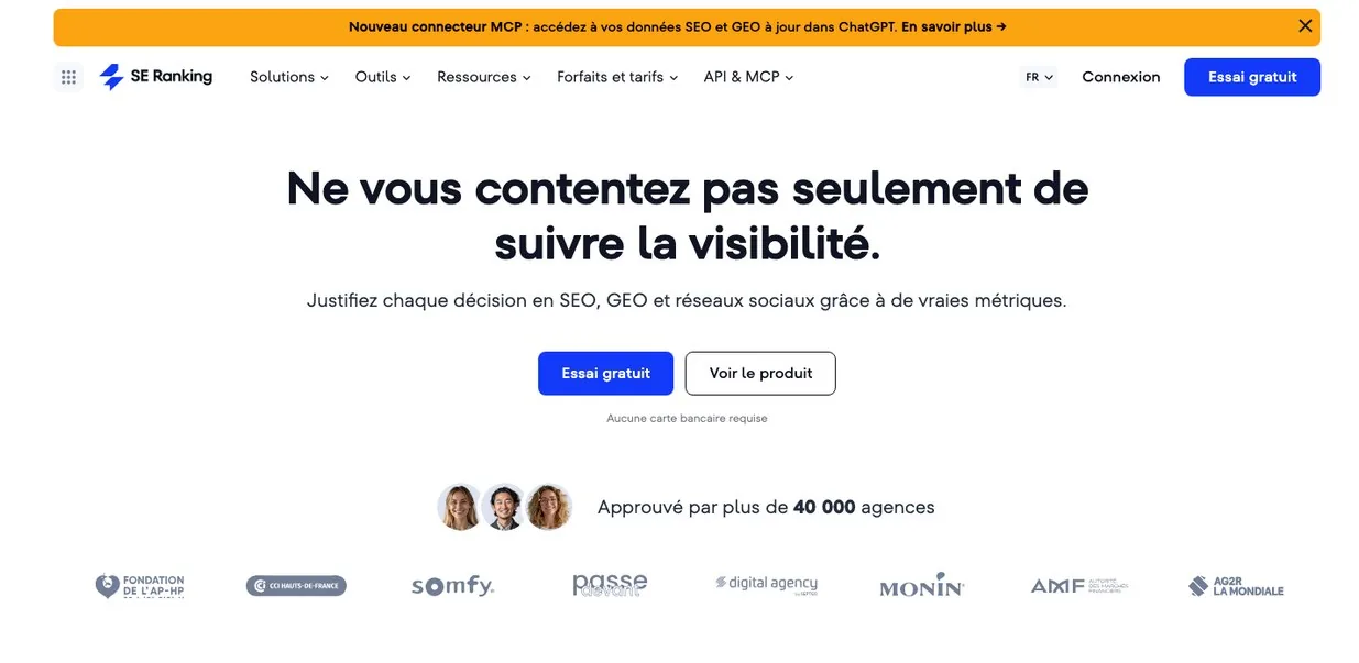 SE Ranking home page, software for tracking rankings in France, Spain and Italy, site auditing and AI search visibility