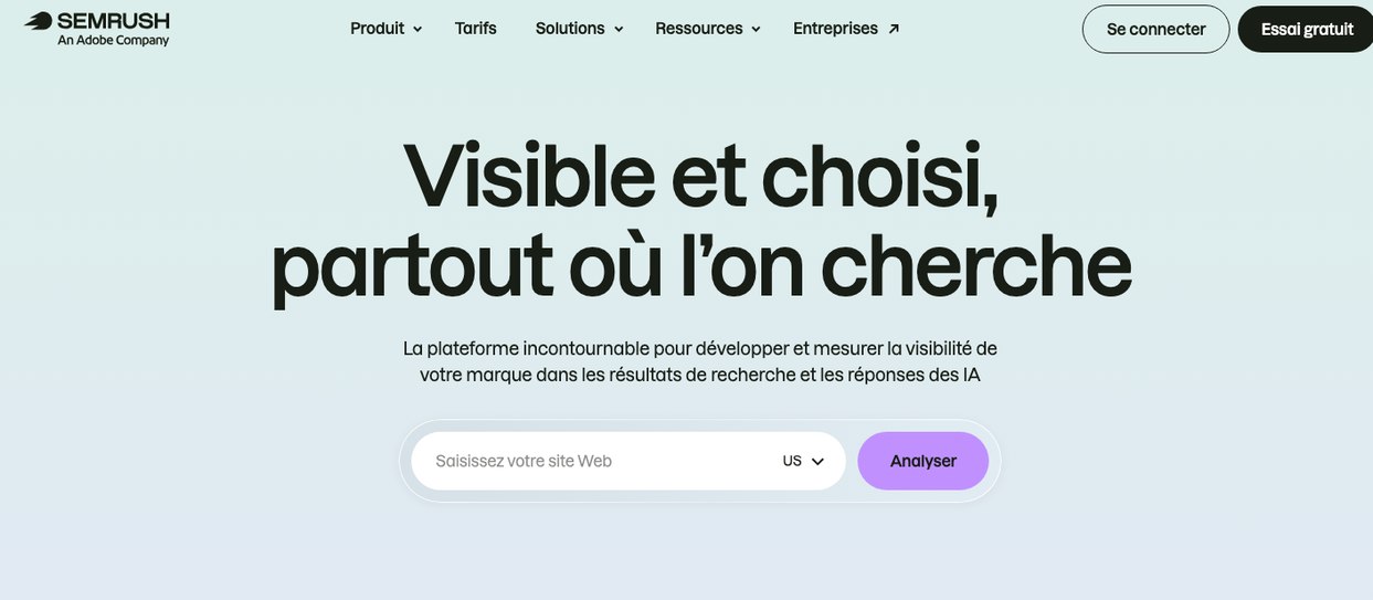 Page d'accueil de Semrush, plateforme de recherche de mots-clés, d'analyse des concurrents et de leurs publicités, et de visibilité dans l'IA