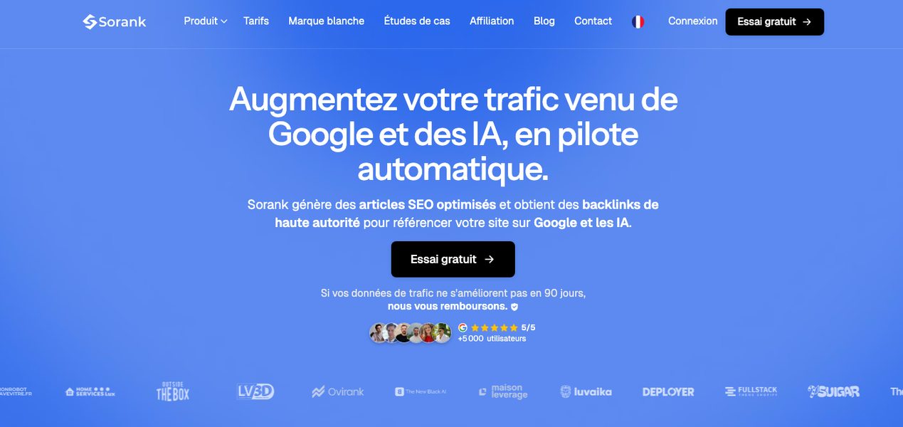 Page d'accueil de Sorank, logiciel SEO qui rédige et publie les articles d'une marque active sur TikTok et Instagram, obtient des liens et suit ses citations dans les IA