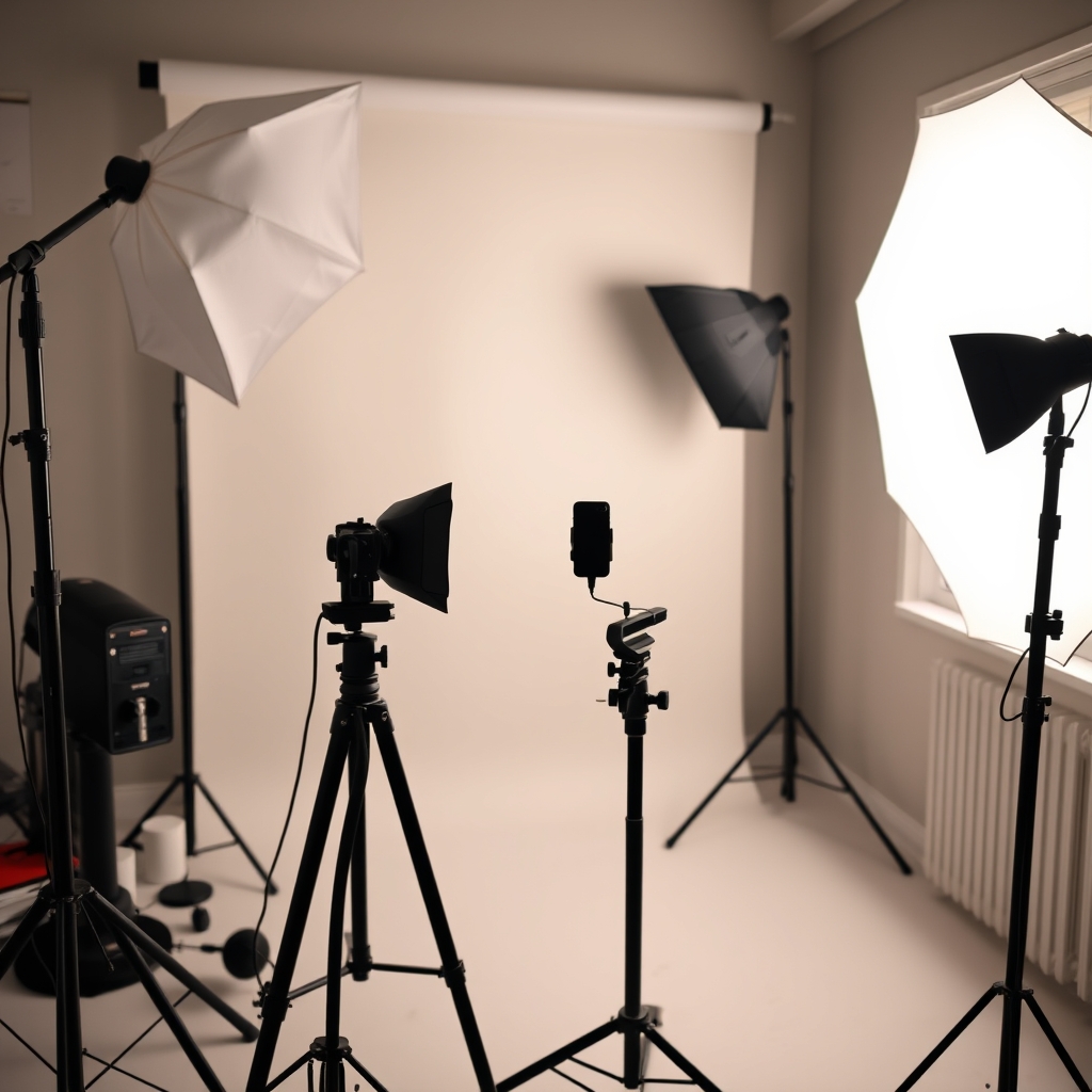 Tournage de vidéo verticale en studio avec caméra sur trépied et éclairage softbox